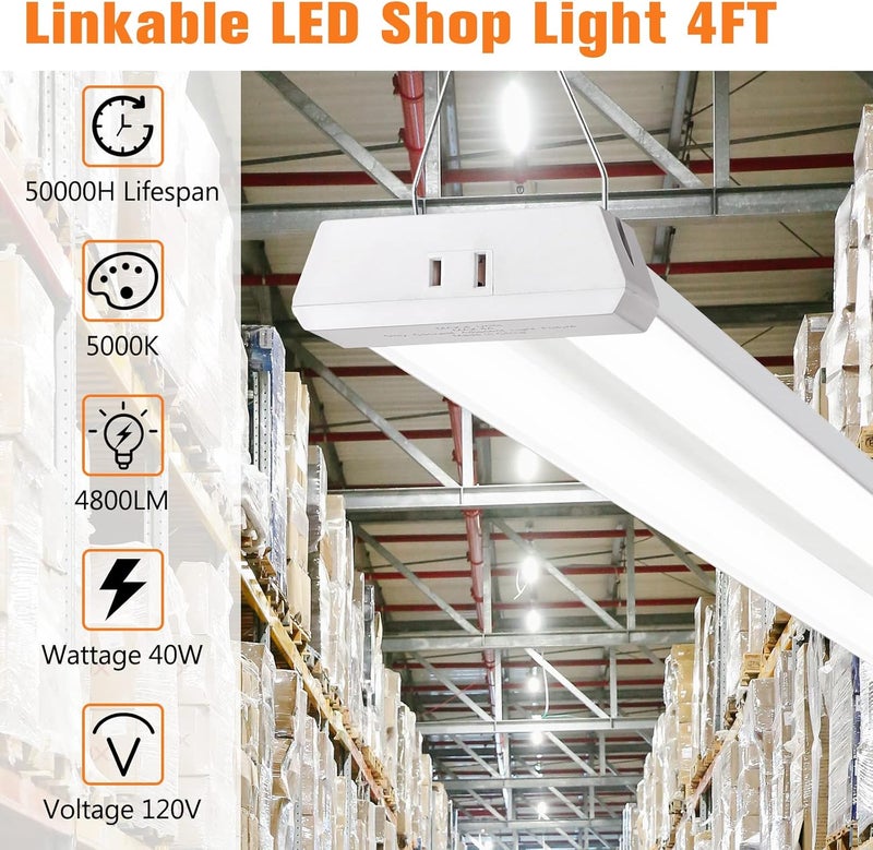 OOOLED 4FT Linkable LED Shop Light for Garages, 42W 4800LM 5000K Daylight Led Shop Lights, Ceiling Light with Pull Chain (ON/Off), Linear Worklight Fixture with Plug, 2 Pack - Image 2